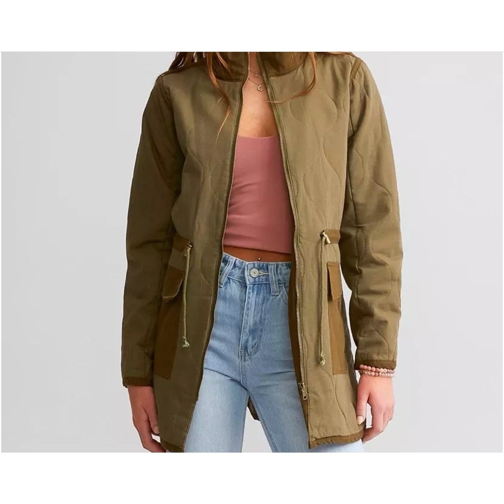BKE Buckle Quilted Ripstop‎ Shacket Jacket Zip Cinch/pockets Olive Womens XS